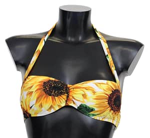 Dolce & Gabbana White Sunflower Print Nylon Swimwear Bikini Tops
