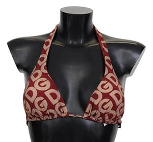 Dolce & Gabbana Maroon Beige DG Print Women Swimwear Bikini Tops