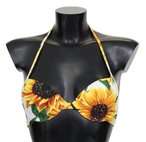 Dolce & Gabbana White Sunflower Print Nylon Swimwear Bikini Tops