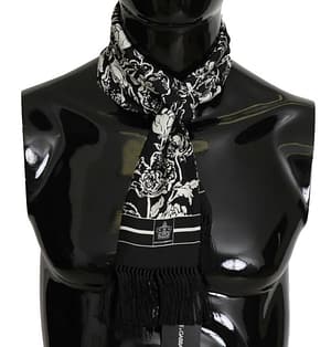 Dolce & Gabbana Black Floral Silk Fringes Shawl Scarf