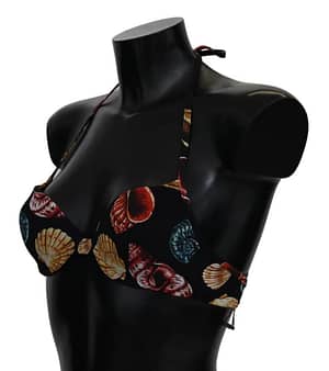 Black Seashells Print Halter Swimwear Bikini Tops