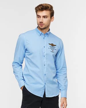 Aeronautica Militare Light Blue Cotton Long Sleeve Logo Shirt
