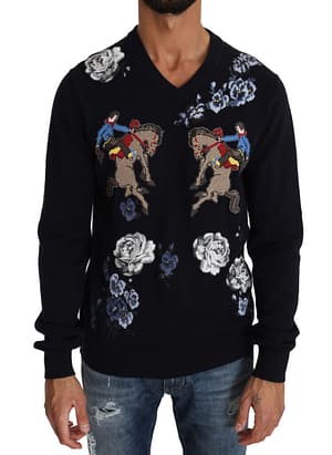Dolce & Gabbana Blue Cowboy Roses V-neck Cashmere Sweater
