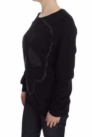 Black Cotton Motive Print Crewneck Pullover Sweater