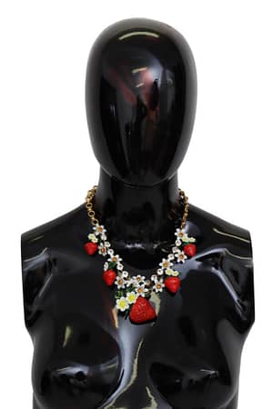 Dolce & Gabbana Gold Resin Strawberry Crystal Floral Charm Statement Necklace