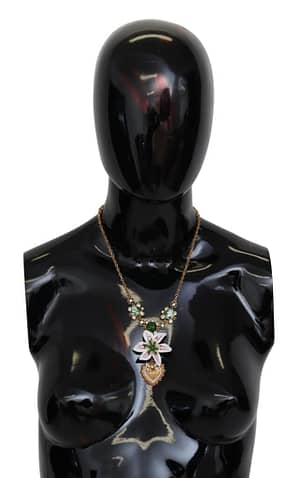 Dolce & Gabbana White Lily Gold Brass Green Crystal Statement Necklace