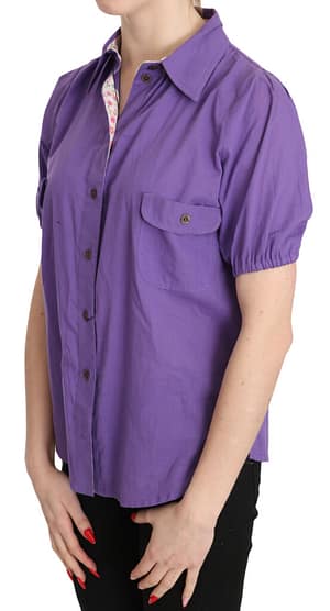 Purple Floral Lining Short Sleeve Polo Top Blouse