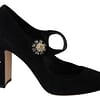 Dolce & Gabbana Black Suede Crystal Heels Mary Jane Shoes