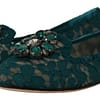 Green Lace Crystal Flats Loafers Shoes