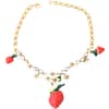 Gold Red Resin Strawberry Crystal Floral Charm Statement Necklace