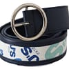 Navy Blue Leather Round Silver Buckle Belt