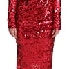 Dolce & Gabbana Red Sequin Sheath Long Sleeves Midi Dress