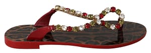 Dolce & Gabbana Red Leather Crystal Sandals Flip Flops Shoes