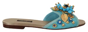 Dolce & Gabbana Blue Beige Crystal Sandals Exotic Leather Shoes