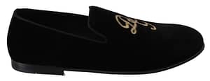 Dolce & Gabbana Black Velvet Gold Slipper Loafers Shoes