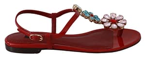 Dolce & Gabbana Red Leather Crystal Sandals Flip Flops Shoes