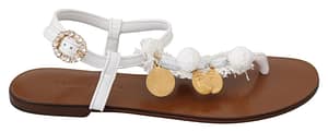 Dolce & Gabbana White Crystal Coins Flip Flops Sandals Shoes