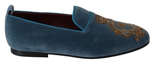 Dolce & Gabbana Blue Velvet Gold Crown Flats Loafers Shoes