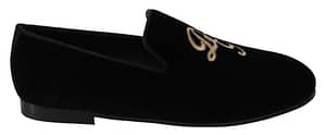 Dolce & Gabbana Black Velvet Gold Logo Slipper Loafers Shoes