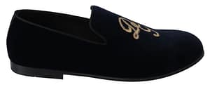 Dolce & Gabbana Blue Velvet Gold Logo Slipper Loafers Shoes