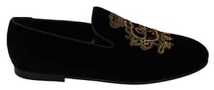Dolce & Gabbana Black Velvet Gold DG Logo Slippers Loafers Shoes