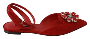 Dolce & Gabbana Red Suede Leather Crystal Flat Sandals Shoes