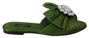 Dolce & Gabbana Green Bow Satin Crystals Flats Slides Shoes
