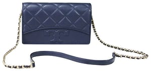 Tory Burch Savannah Smooth Leather Quilted T Logo Chain Crossbody Flat Wallet Bag
