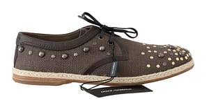 Dolce & Gabbana Brown Linen Leather Studded Casual Shoes