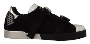 Dolce & Gabbana Silver Leather Black Shearling Sneakers Shoes