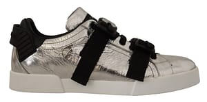 Dolce & Gabbana Silver Black Leather Metallic Sneakers Shoes