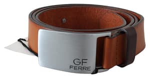GF Ferre Brown Leather Logo Silver Square Metal Buckle Waist Belt
