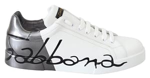 Dolce & Gabbana White Silver Leather Logo Print Mens Sneakers