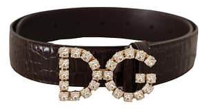 Dolce & Gabbana Brown Crocodile Print Leather Crystal Logo Buckle Belt