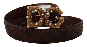 Brown Exotic Leather Logo Buckle Amore Belt