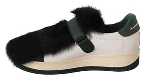 White Leather Black Fur Low Top Sneakers Shoes