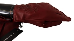 Dolce & Gabbana Burgundy Logo Embossed Leather Mitten Gloves
