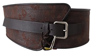 Dark Brown Wide Leather Lace Design Logo Buckle Belt