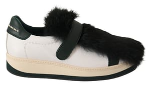 MANUEL BARCELO White Leather Black Fur Low Top Sneakers Shoes