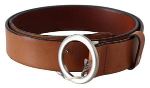 Daniele Alessandrini Brown 100%Leather Silver Circle Buckle Waist Belt