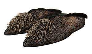 PAOLA D'ARCANO Gold Jacquard Leather Embellished Slip On Shoes