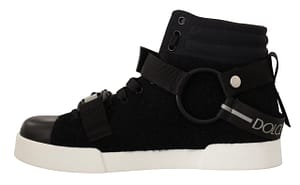 Black Leather Wool High Top Casual Sneakers