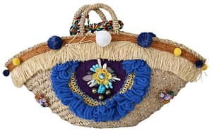 Dolce & Gabbana Multicolor Straw Fur Balls Crystals Hand Tote Borse Bag