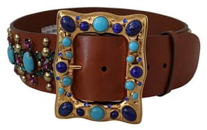 Dolce & Gabbana Brown Crystal Gold Buckle Leather Belt