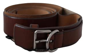 Prada Brown Genuine Leather Wide Silver Chrome Buckle Belt