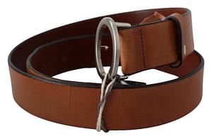 Brown 100%Leather Silver Circle Buckle Waist Belt