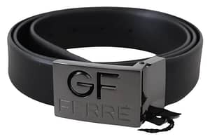 GF Ferre Black Leather Logo Metal Chrome Buckle Waist Men Belt