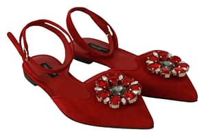 Red Suede Leather Crystal Flat Sandals Shoes