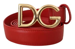 Red leather gold metal logo buckle belt