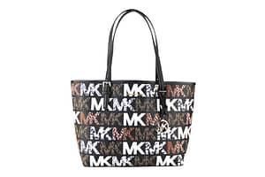 Michael Kors Jet Set Travel Medium Leather MK Logo Wild Print Carryall Tote Handbag (Black Multi)